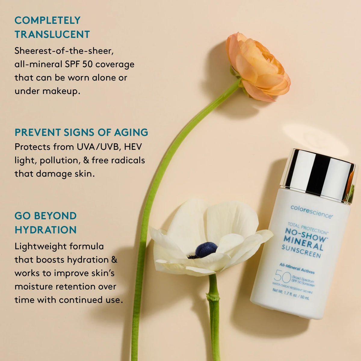Colorescience Total Protection™ No-Show™ Mineral Sunscreen SPF 50, 100% Invisible all-mineral sunscreen for all skin tones & types
