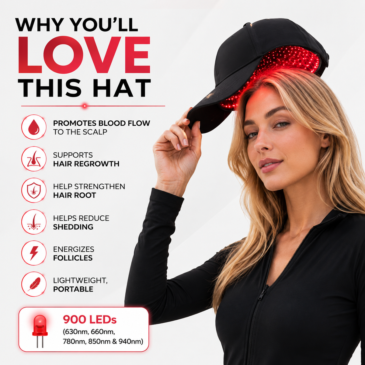 Red Light Pro Devices Red Light Therapy Hat | 900 Powerful LEDs | Full Scalp Coverage | 5 Wavelengths | Includes 12V Car Adapter